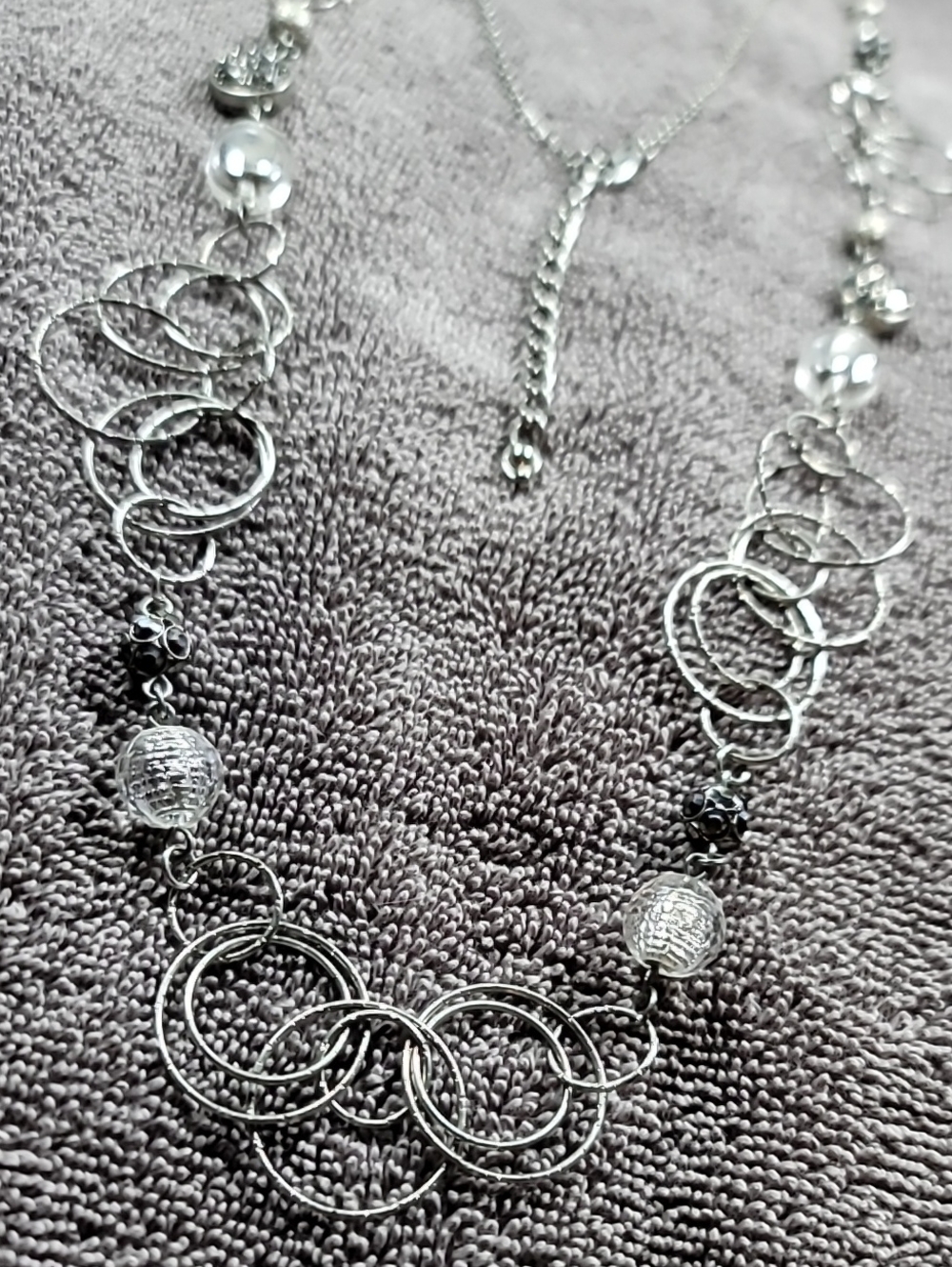 New York & Company Silver Multi-Ring Necklace with Crystal Accents